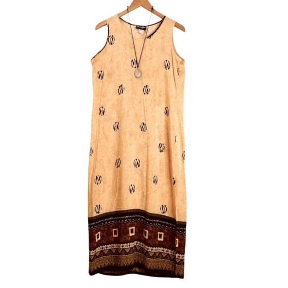 Vintage Caribou New York Tan Brown Black Maxi Beach Sun Dress Size Med Bohemian - Picture 9 of 9